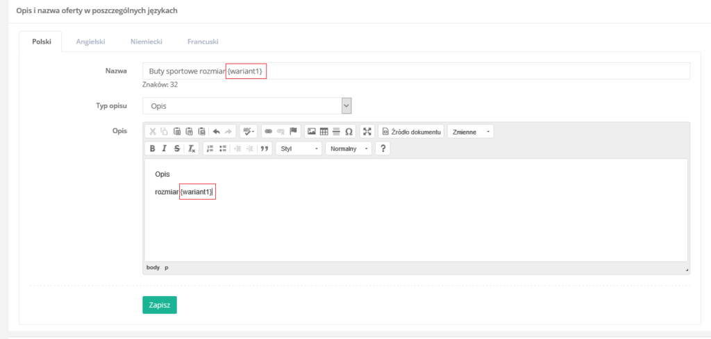 Przykład nazwy i opisu oferty wielowariantowej