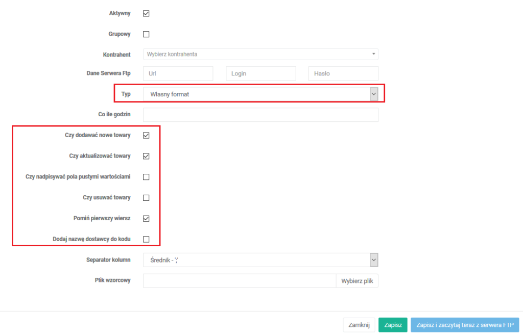 Ustawienia importu dostawcy