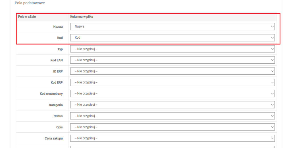 Mapowanie kolumn z pliku dostawcy