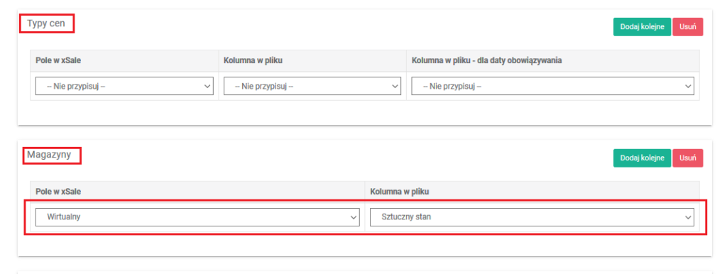 Dodatkowe mapowanie cen i magazyn&oacute;w