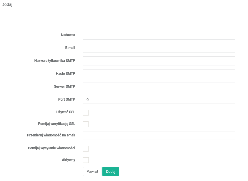 Formularz dodawania konta pocztowego w xSale