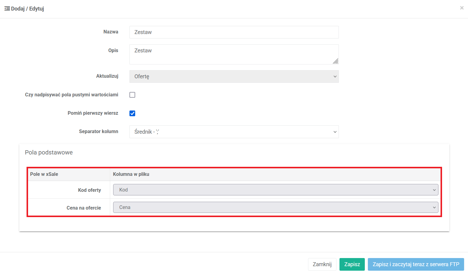 Mapowanie p&oacute;l oferty
