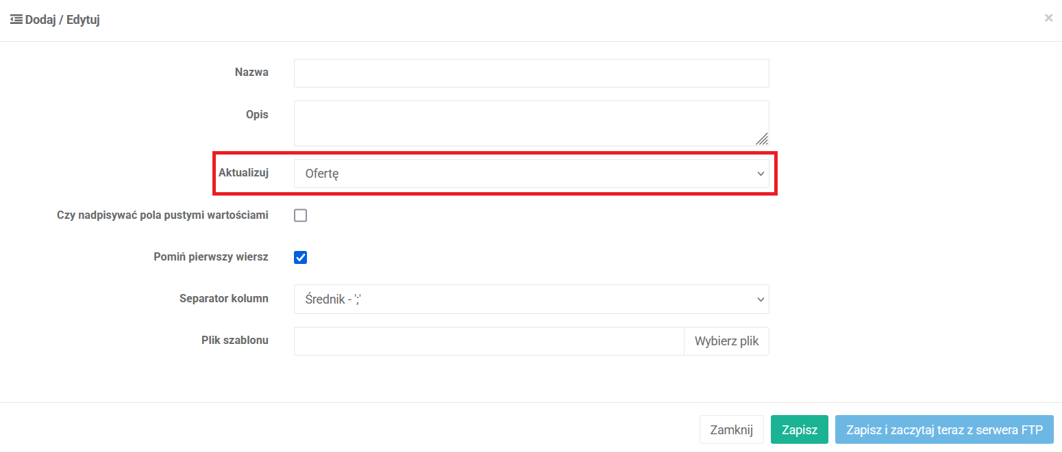 Aktualizacja ofert przez moduł Dostawcy