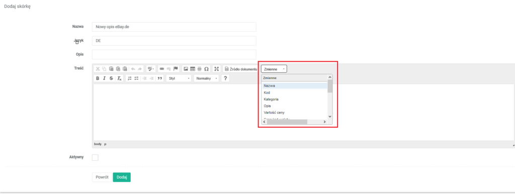 Edycja treści szablonu opisu