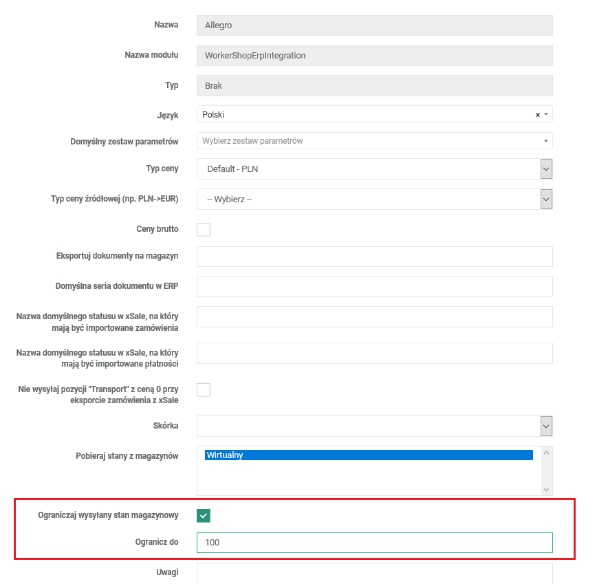 Ustawienie ograniczania wysyłanego stanu magazynowego w xSale v1