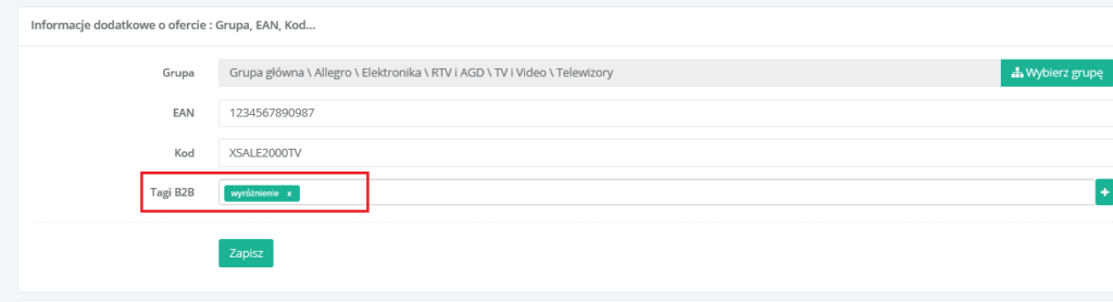 Tagi na ofercie w xSale V1