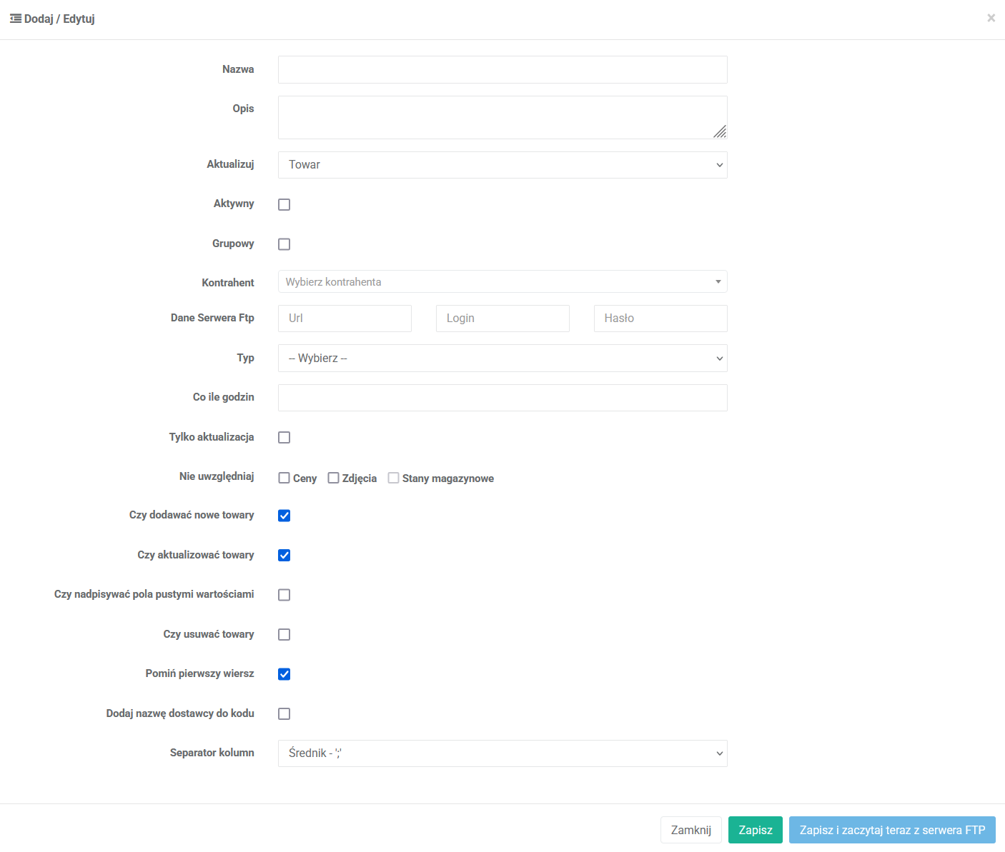 Ekran konfiguracji dostawcy