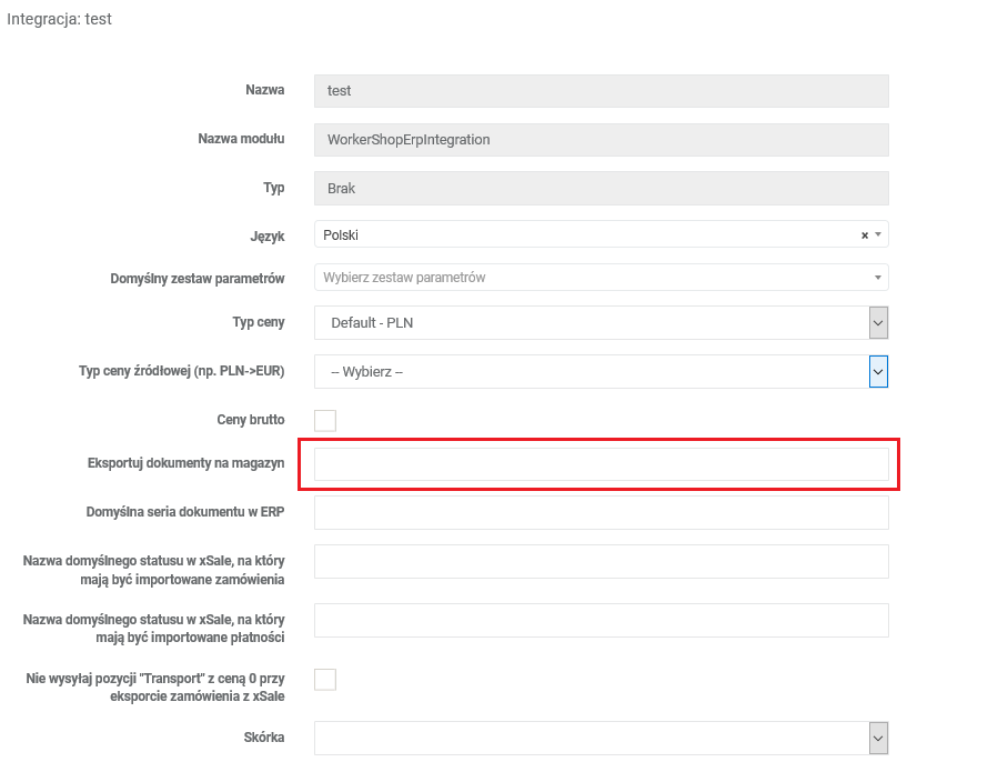 Pole Eksportuj dokumenty na magazyn w interfejsie xSale V1