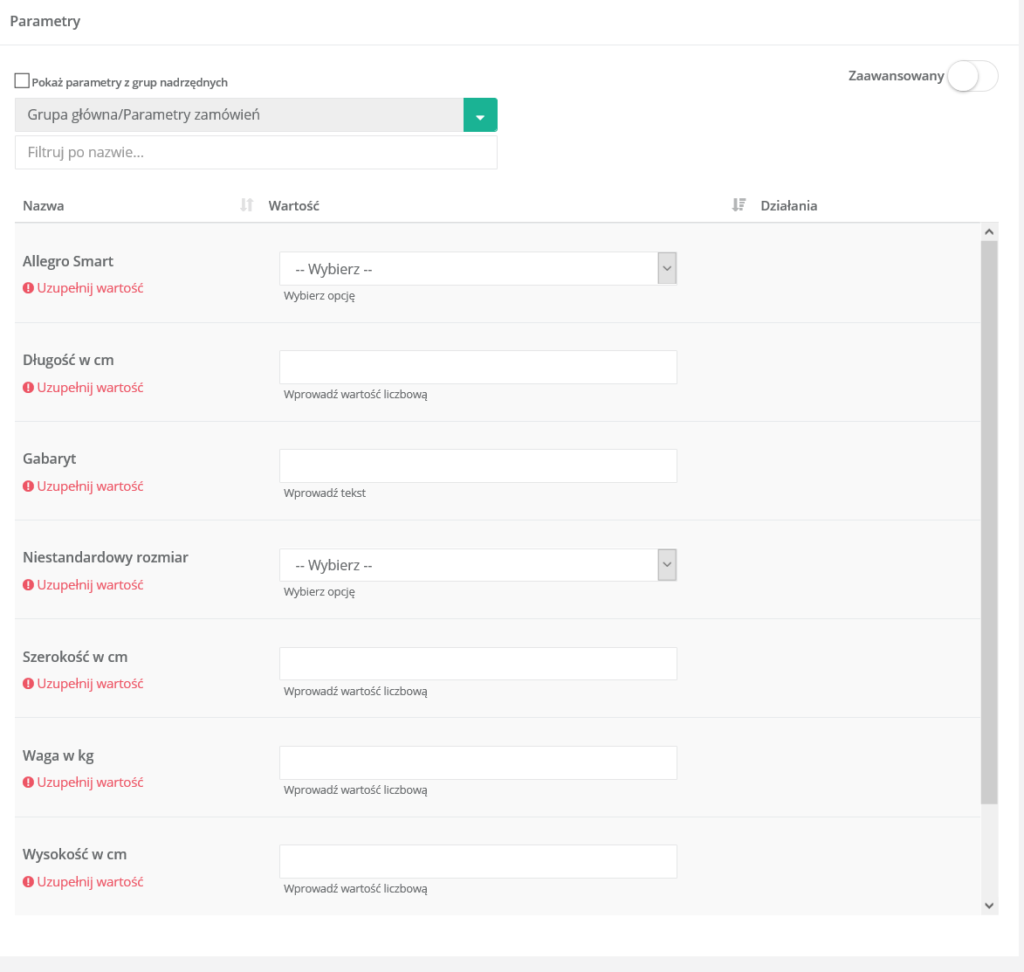 Parametry na zamówieniu