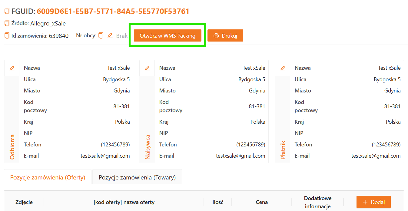 Wejście do WMS Packing ze szczegółów zamówienia