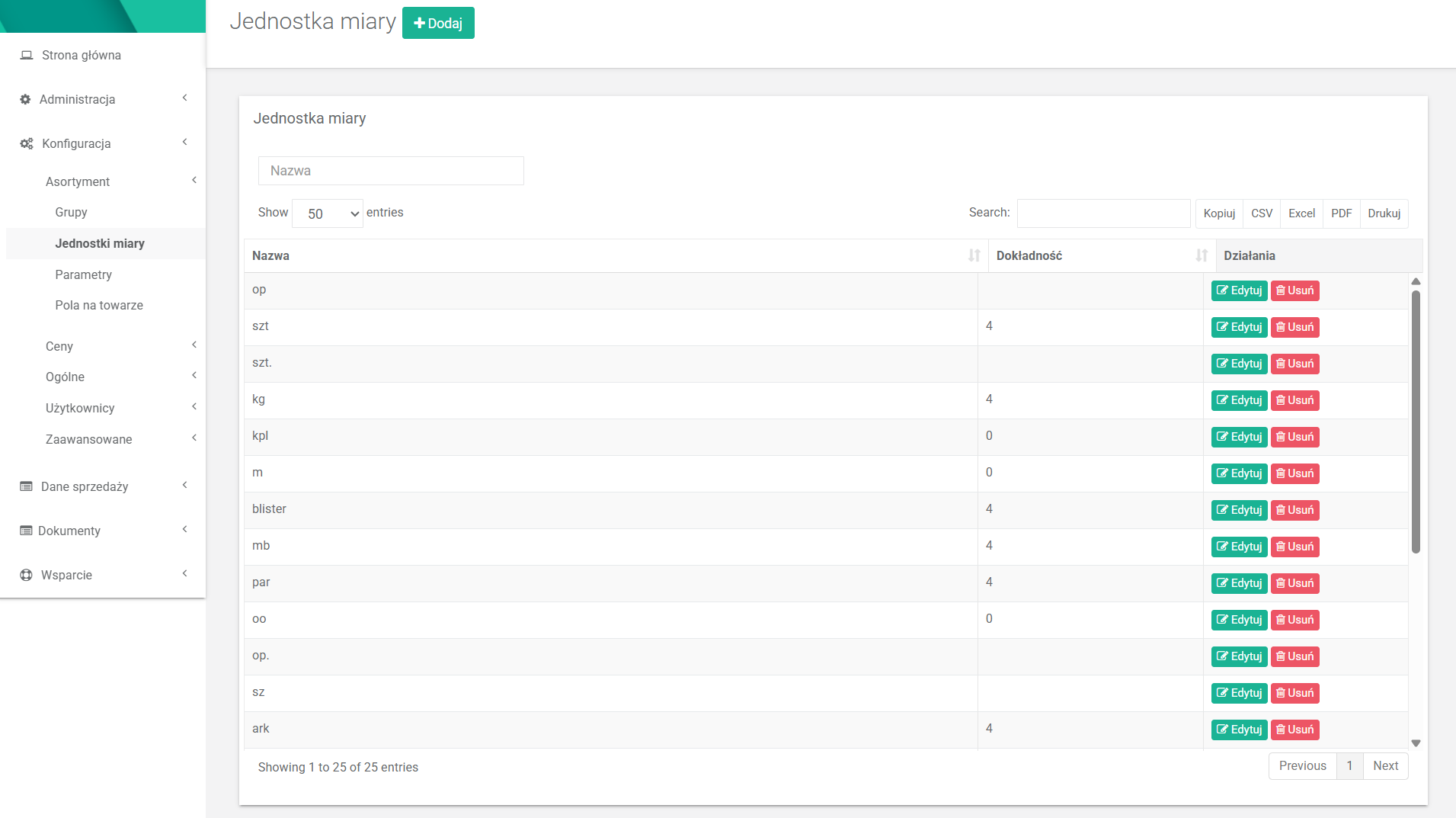 Lista jednostek miary w interfejsie xSale V1