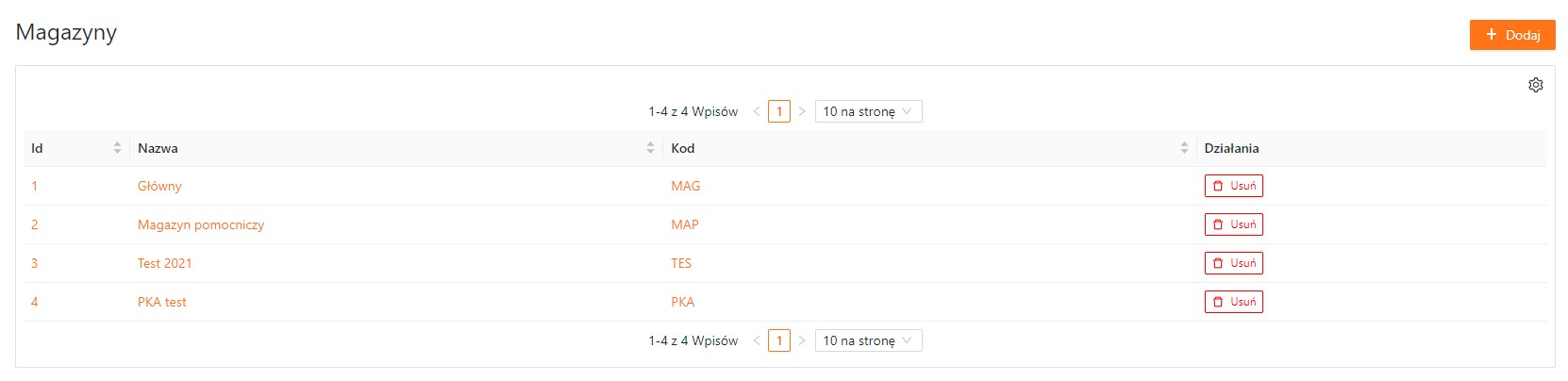 Lista magazynów w xSale