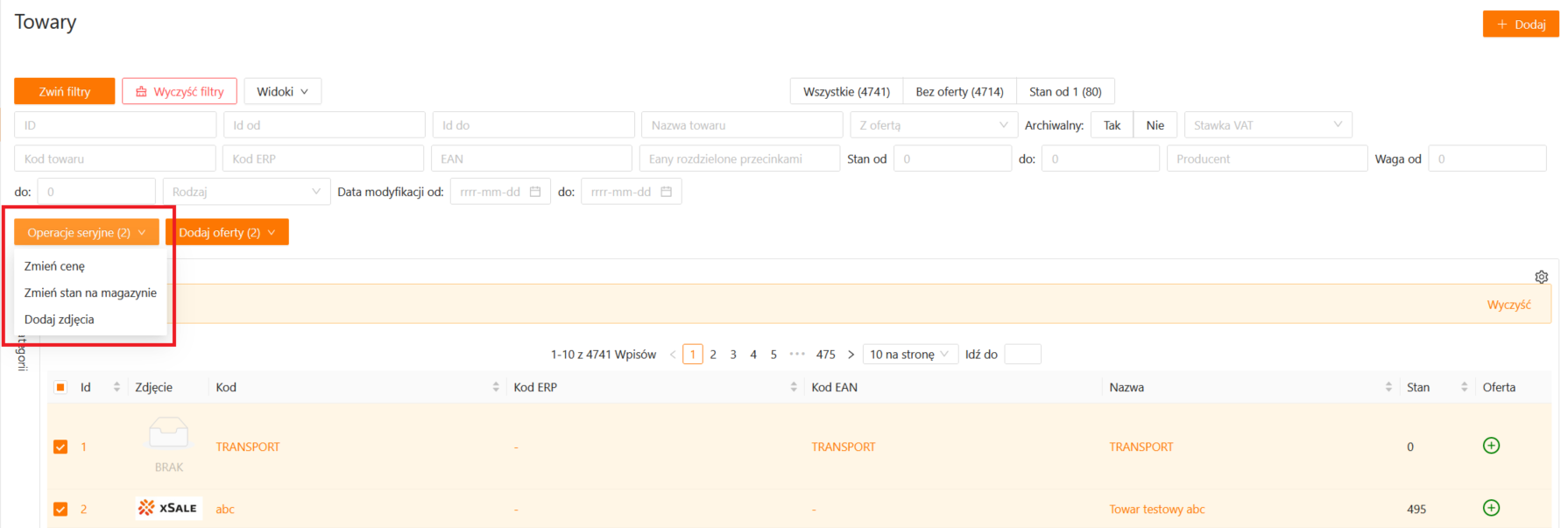 Operacje seryjne na liście towarów