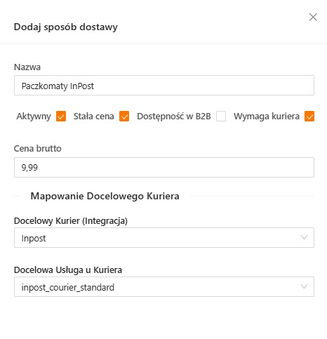 Uzupełniony formularz sposobu dostawy