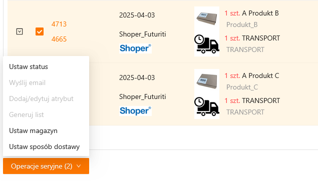 Przycisk Operacje seryjne na dole tabeli