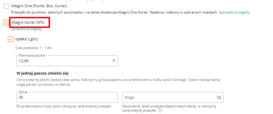 Nazwa sposobu dostawy w cenniku Allegro