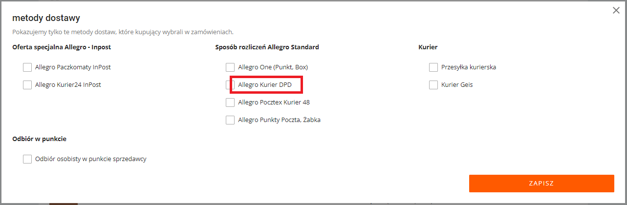 Nazwa sposobu dostawy na liście zamówień Allegro