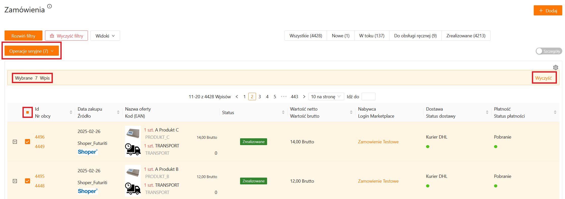Operacje seryjne na liście zamówień