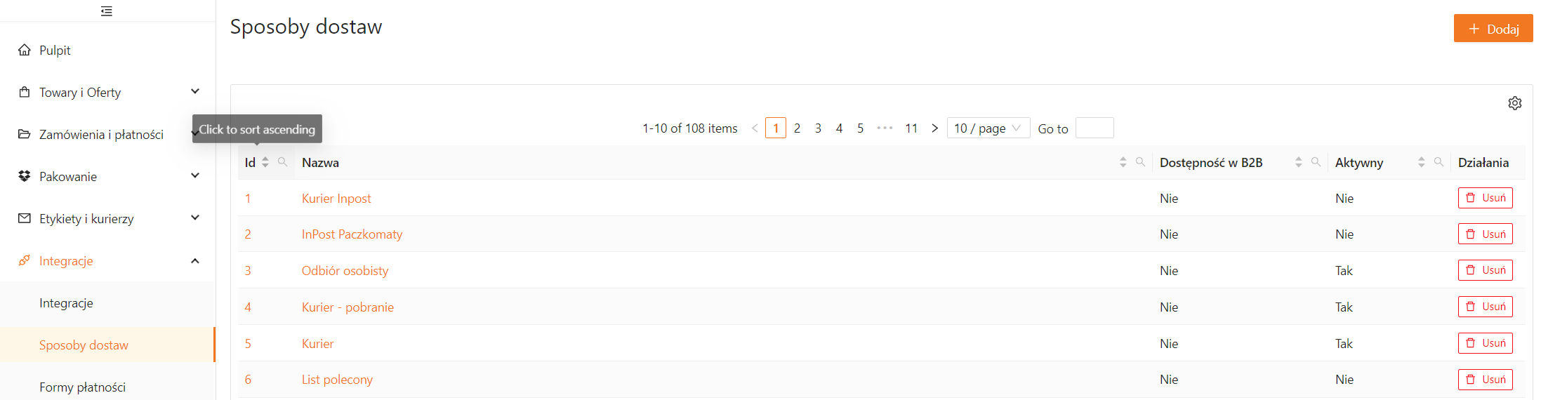 Lista sposobów dostawy