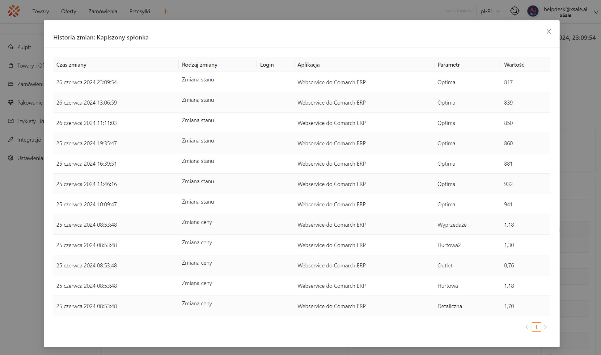 Pop-up z historią zmian stanu i ceny towaru