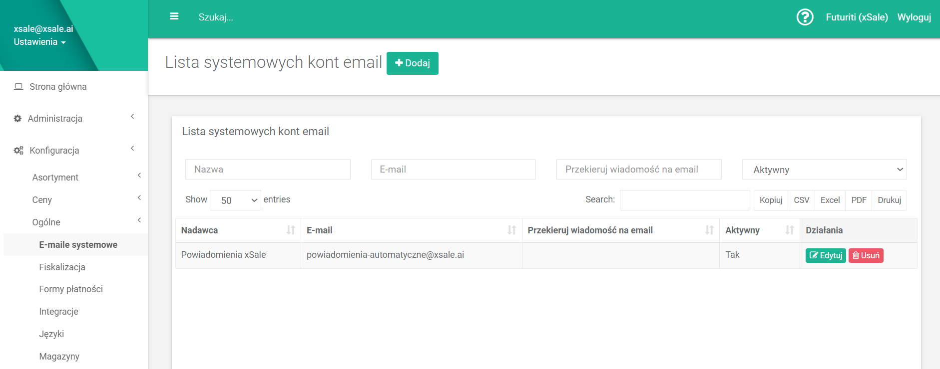 E-maile systemowe w panelu xSale