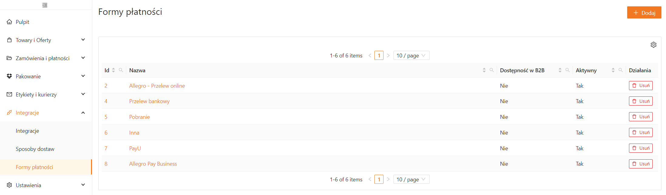 Lista form płatności w xSale