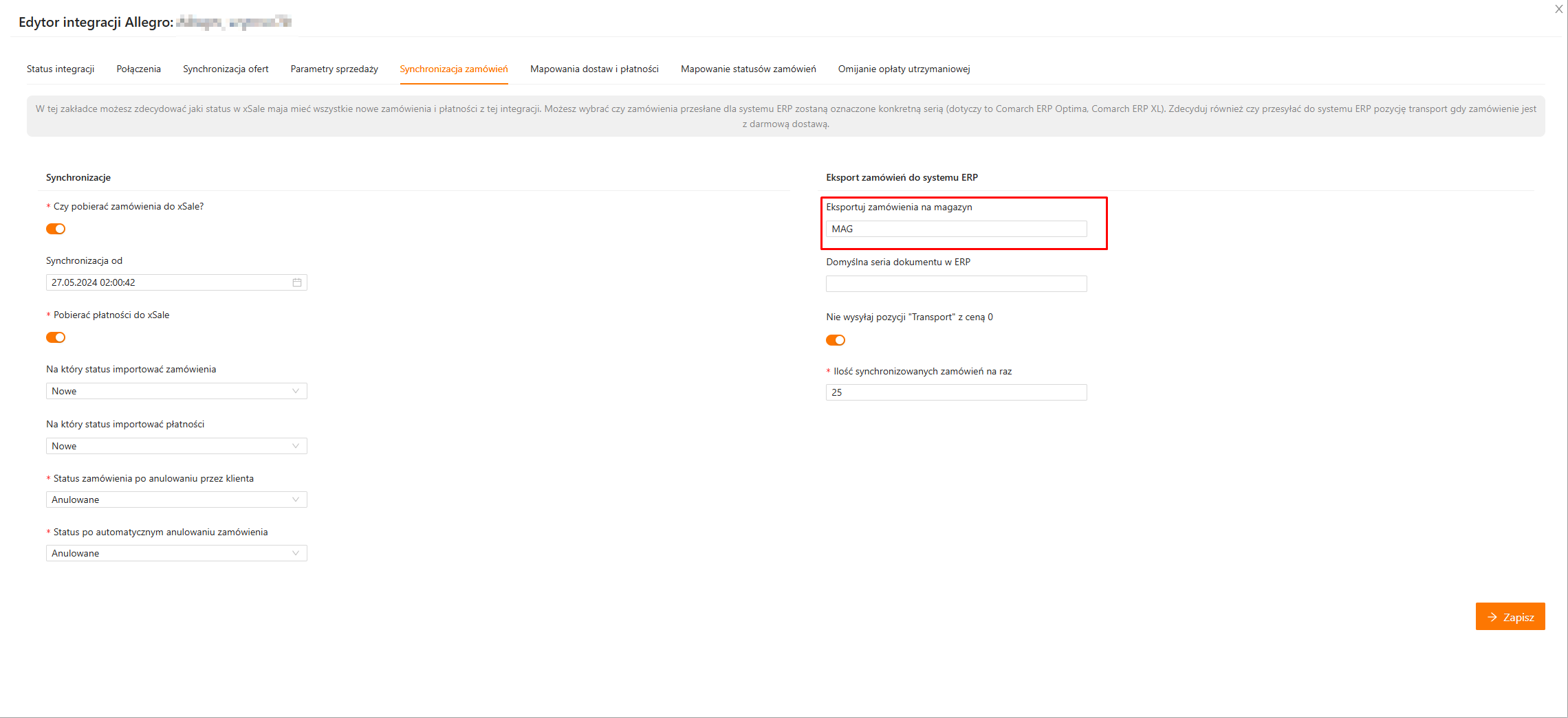 Ustawienie magazynu na integracji