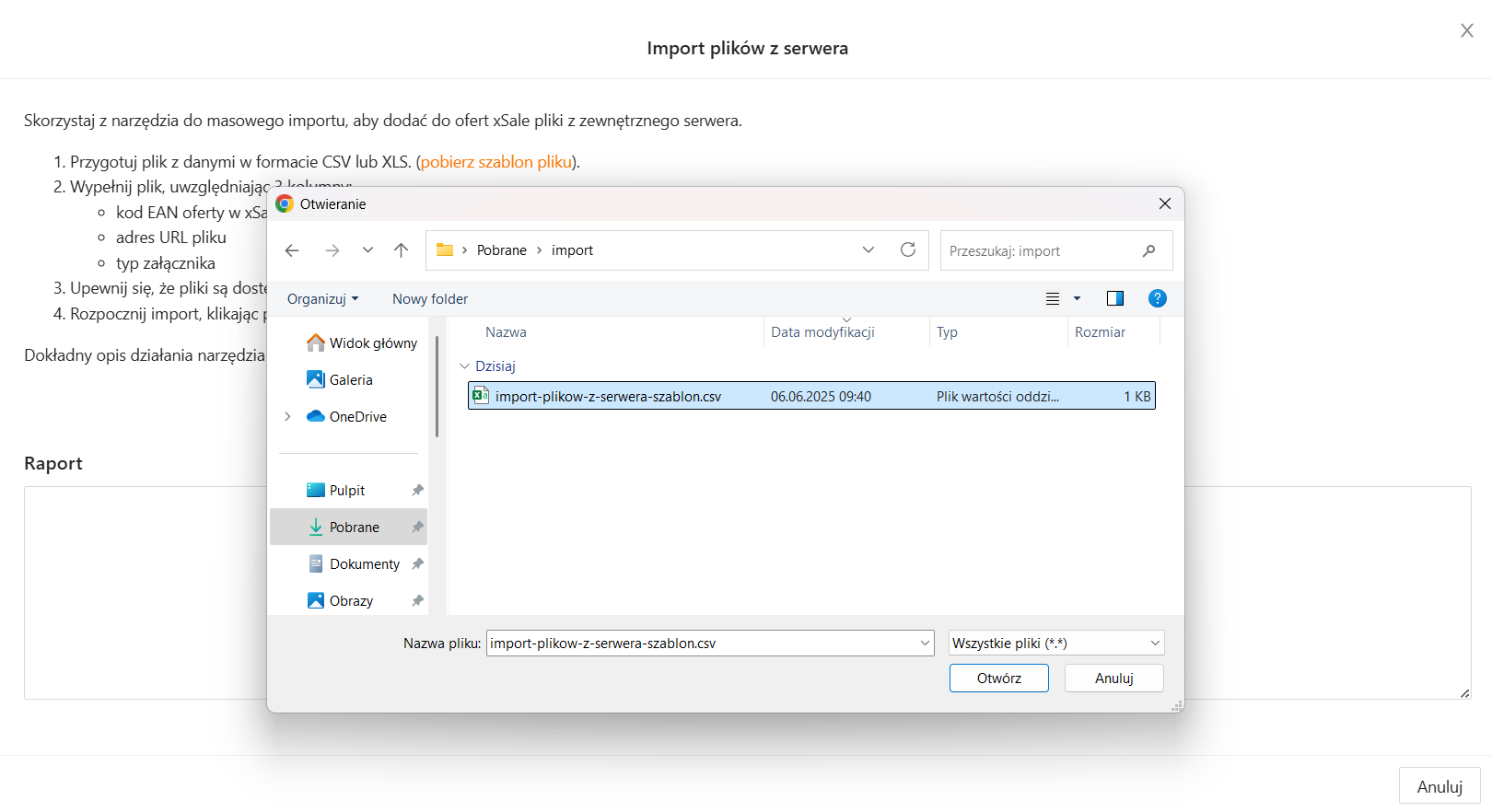 Wybór pliku importu
