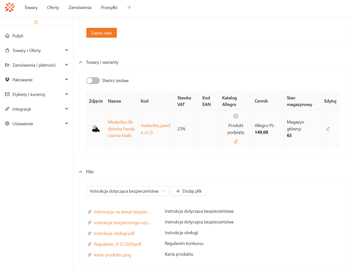 Sekcja Pliki na ofercie w xSale