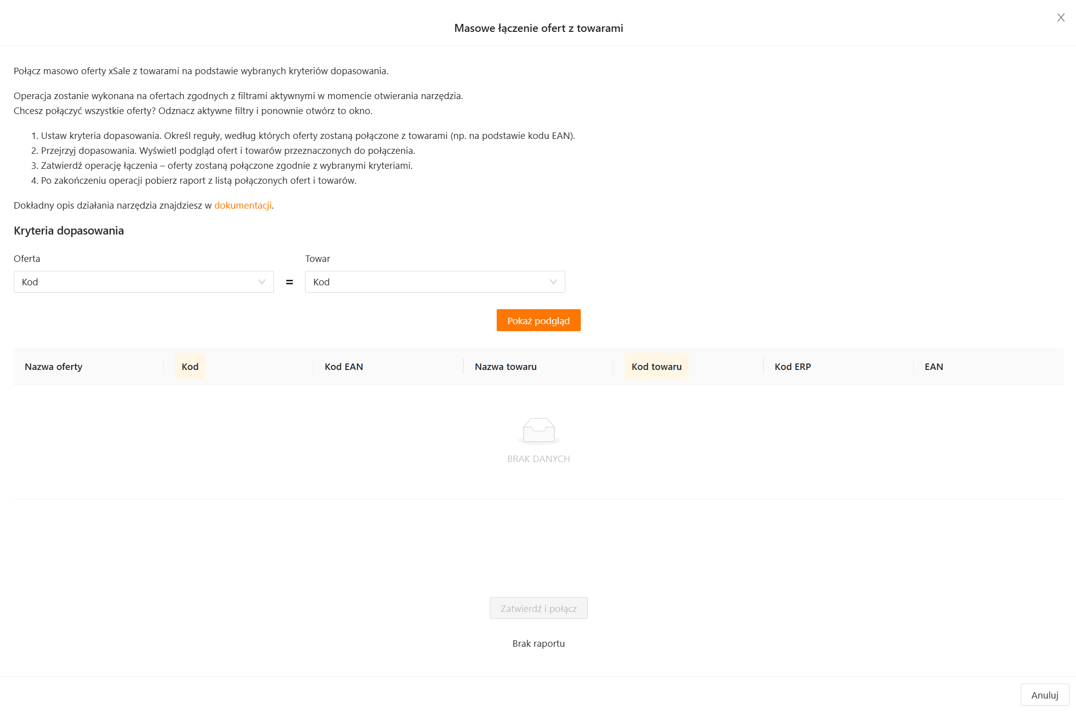 Okno aplikacji masowego łączenia ofert