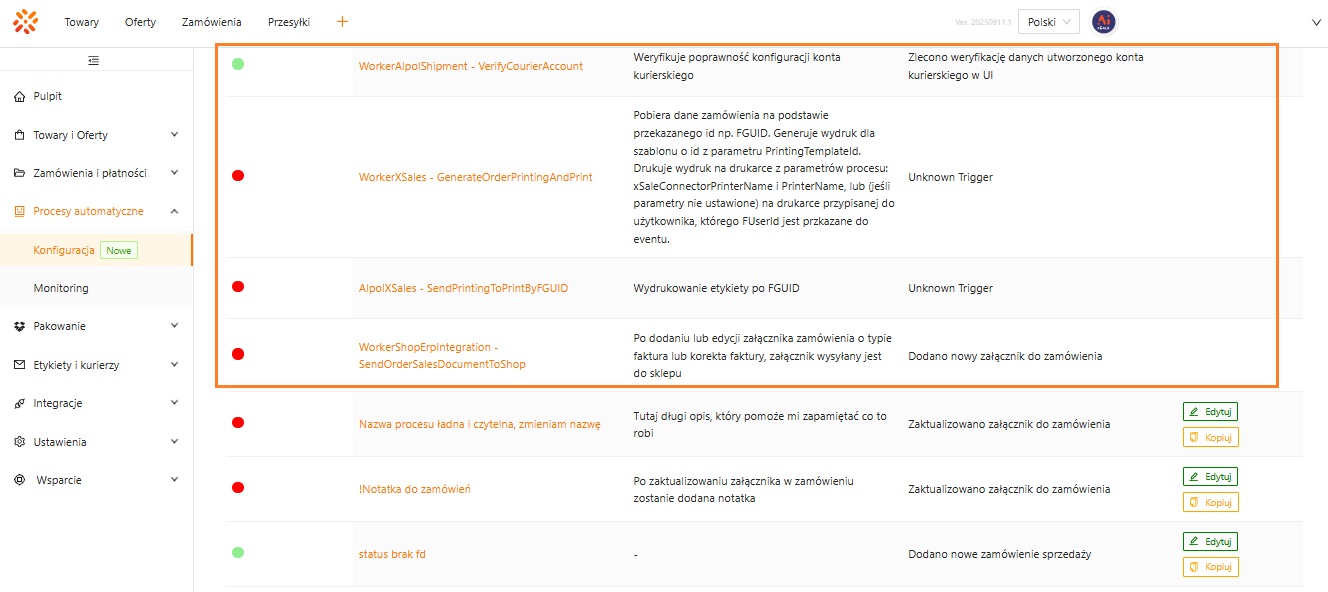 Widok systemowych procesów automatycznych