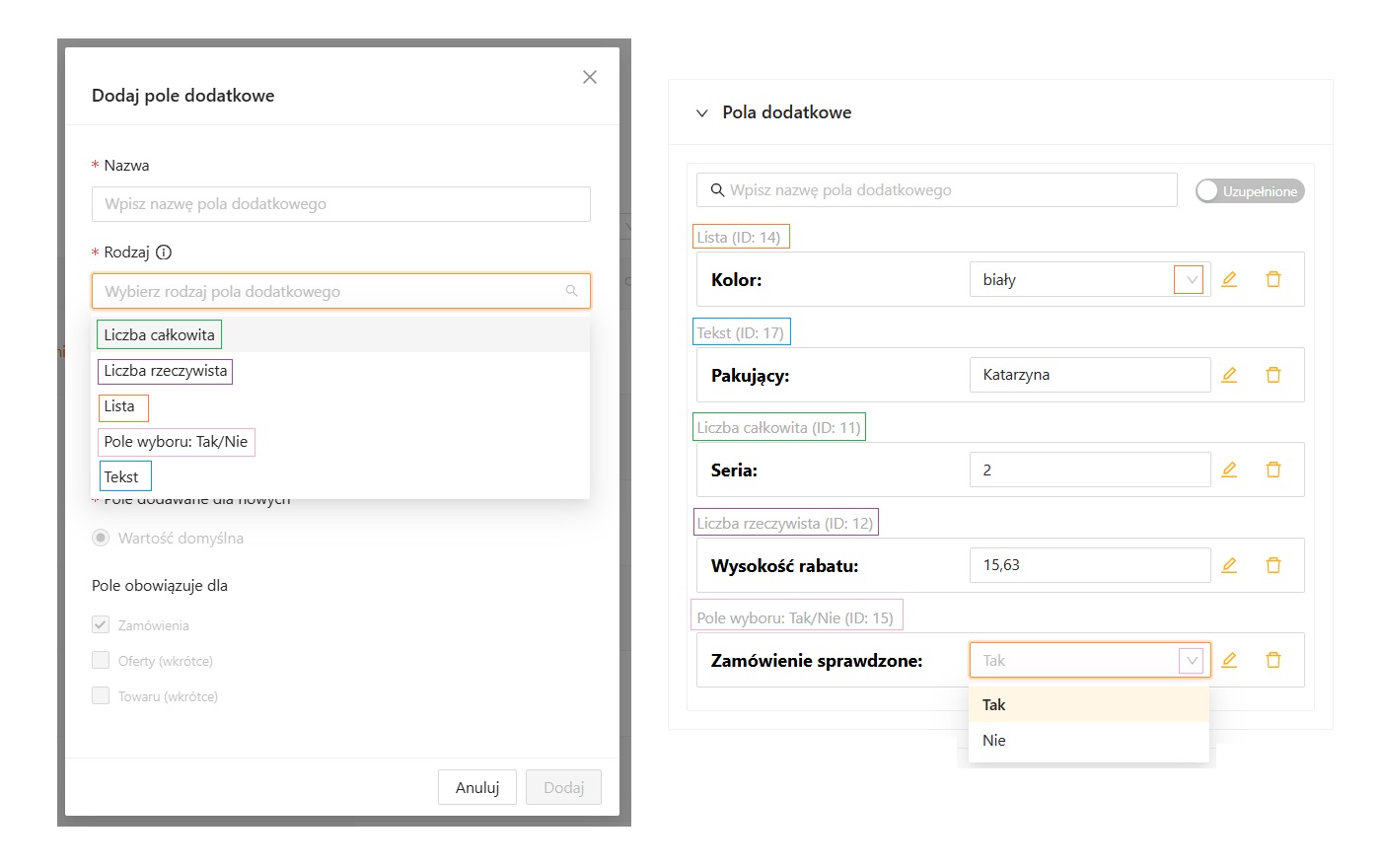 Rodzaje pól dodatkowych