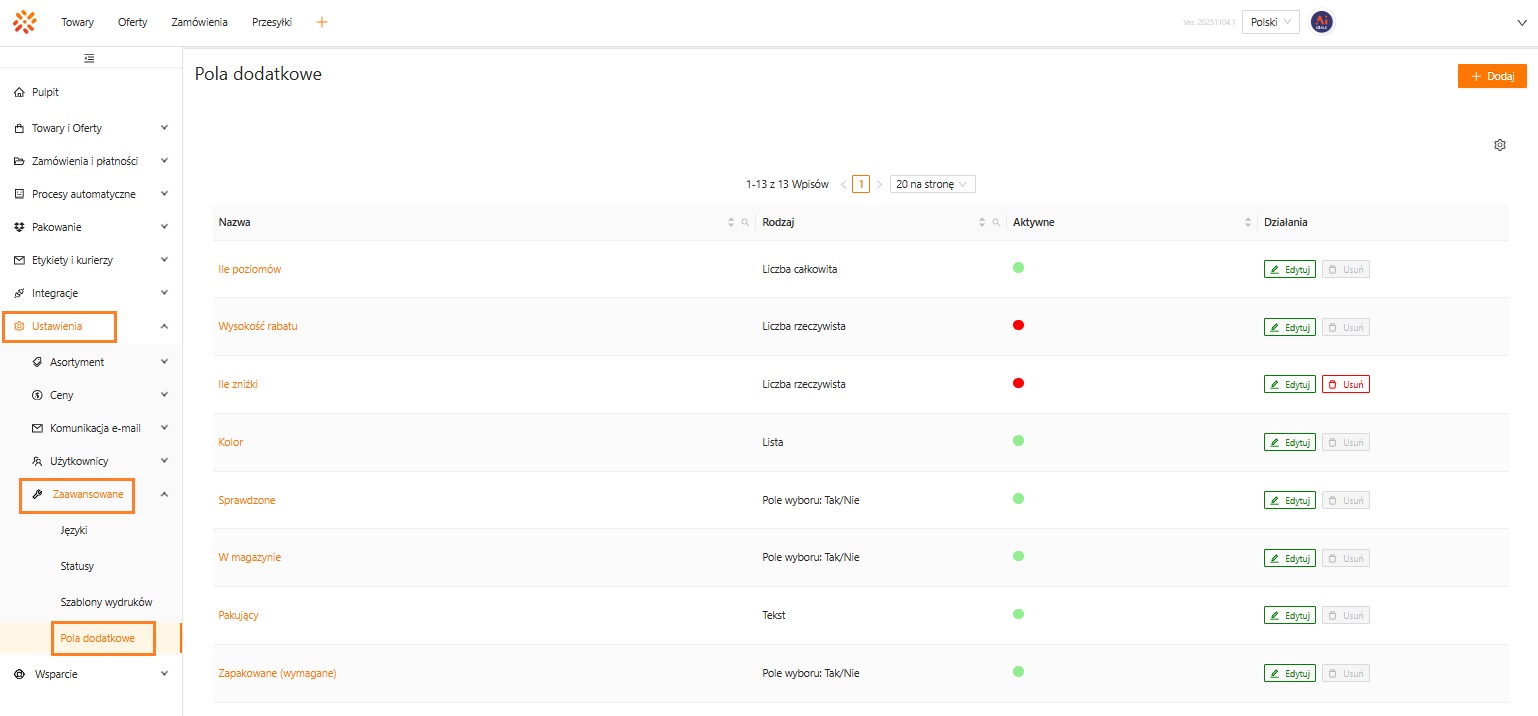 Lista pól dodatkowych