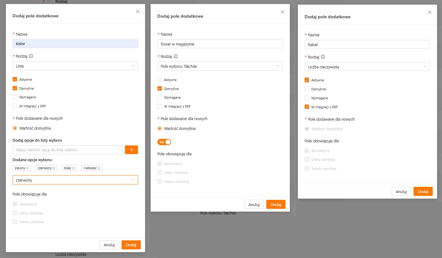 Ustawienia pola dodatkowego