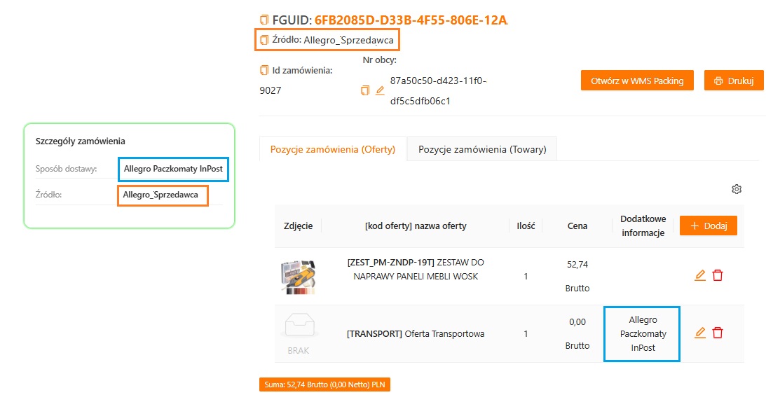 Dane z zamówienia w konfiguratorze dostaw