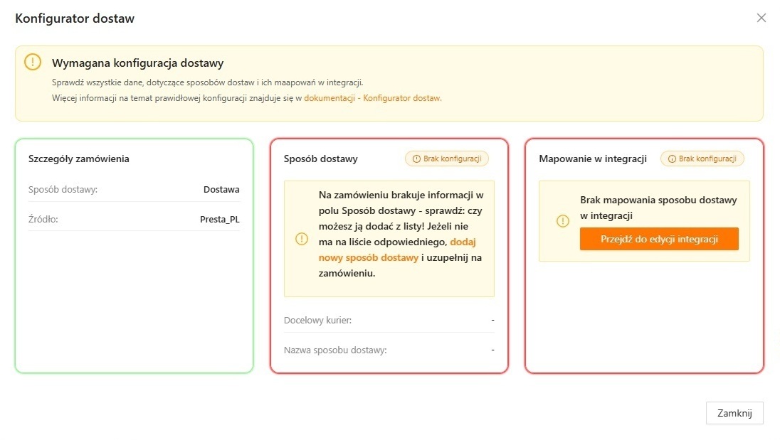 Brak sposobu dostawy w konfiguratorze