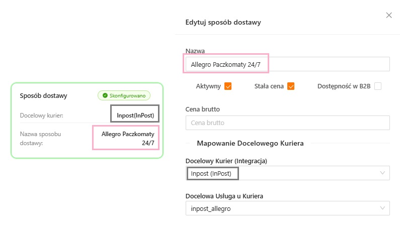 Dane sposobu dostawy i kuriera w konfiguratorze