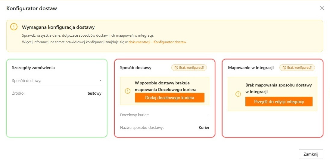 Brak docelowego kuriera w konfiguratorze
