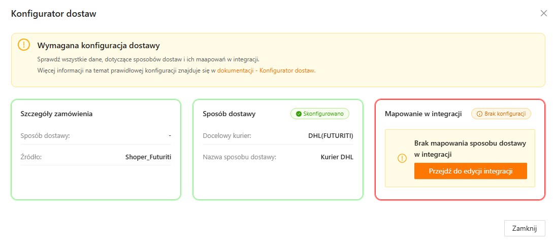 Brak mapowania dostawy w integracji
