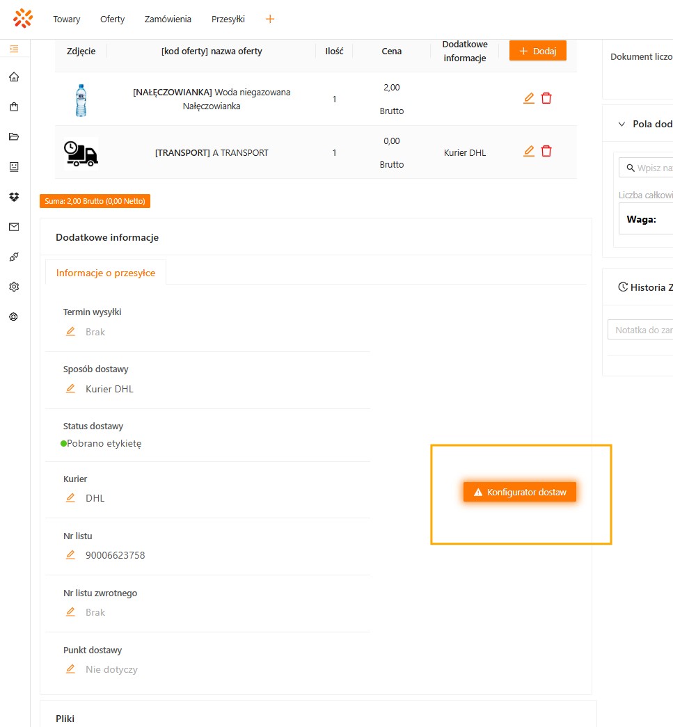 Przycisk Konfigurator dostaw na zamówieniu