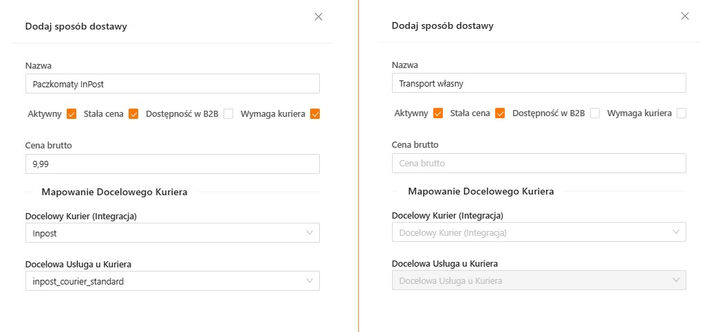 Ustawienie Wymaga kuriera w sposobie dostawy