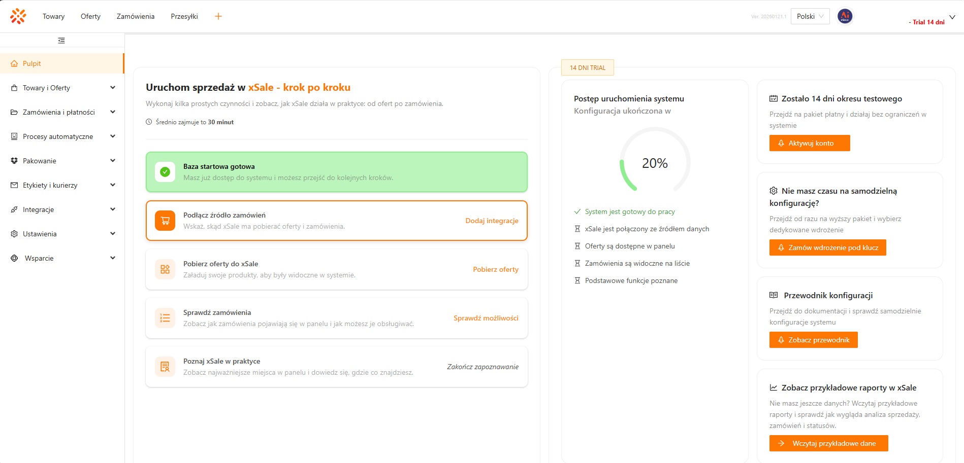 Konfiguracja startowa w xSale