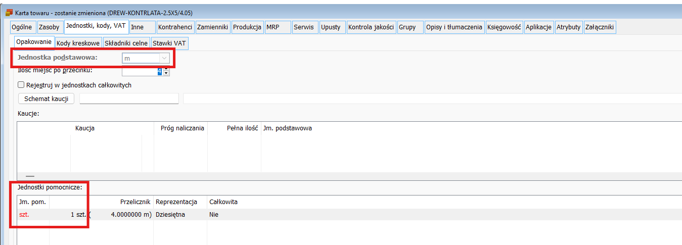 Jednostka pomocnicza na karcie towaru w Comarch ERP XL
