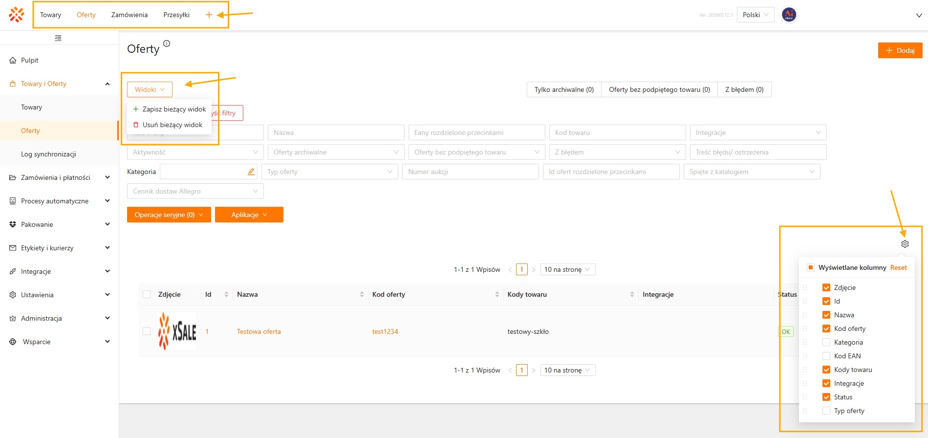Dostosowanie widoku karty w xSale - przykładowy widok ustawień
