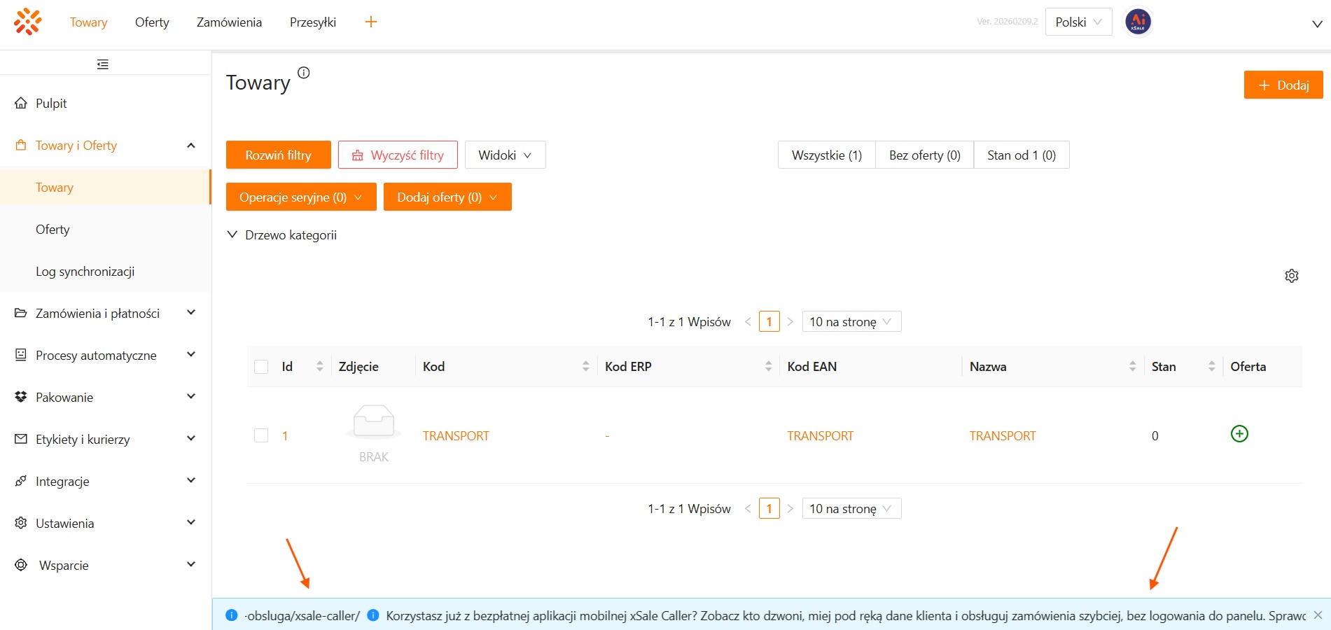 Przykład paska informacyjnego w systemie xSale