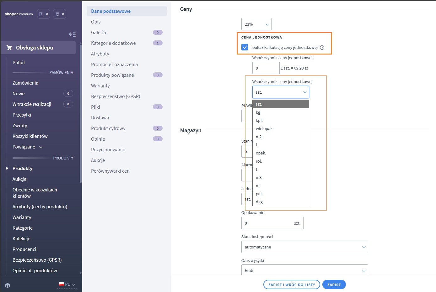 Ustawienia jednostek i ceny jednostkowej w panelu Shopera