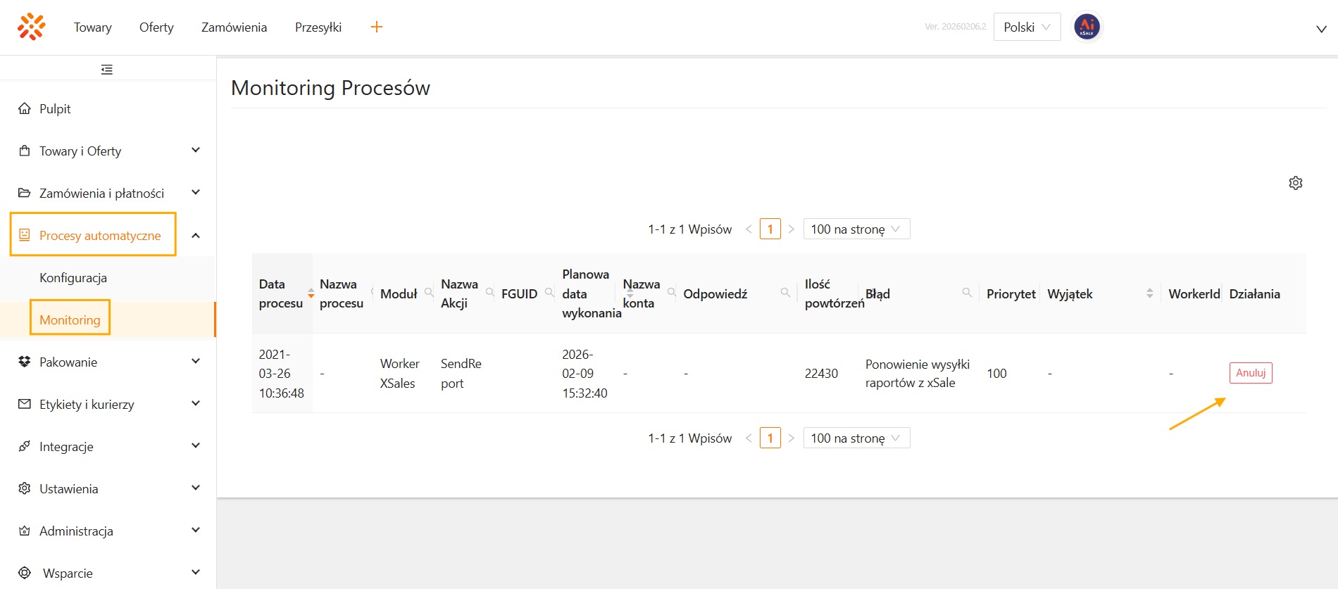 Monitoring procesów automatycznych – akcja Anuluj dla wybranego procesu