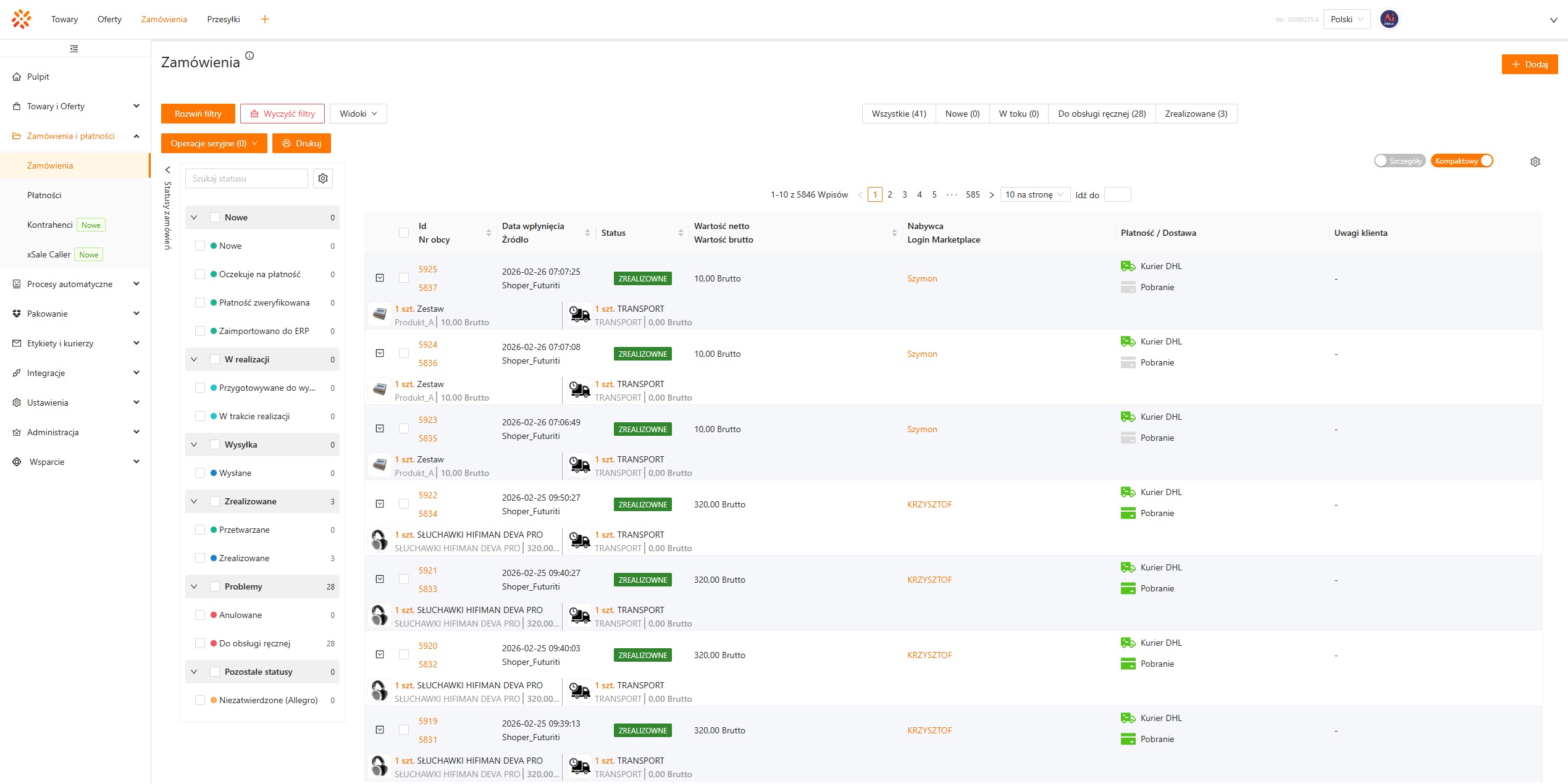 Lista zamówień - Widok Kompaktowy