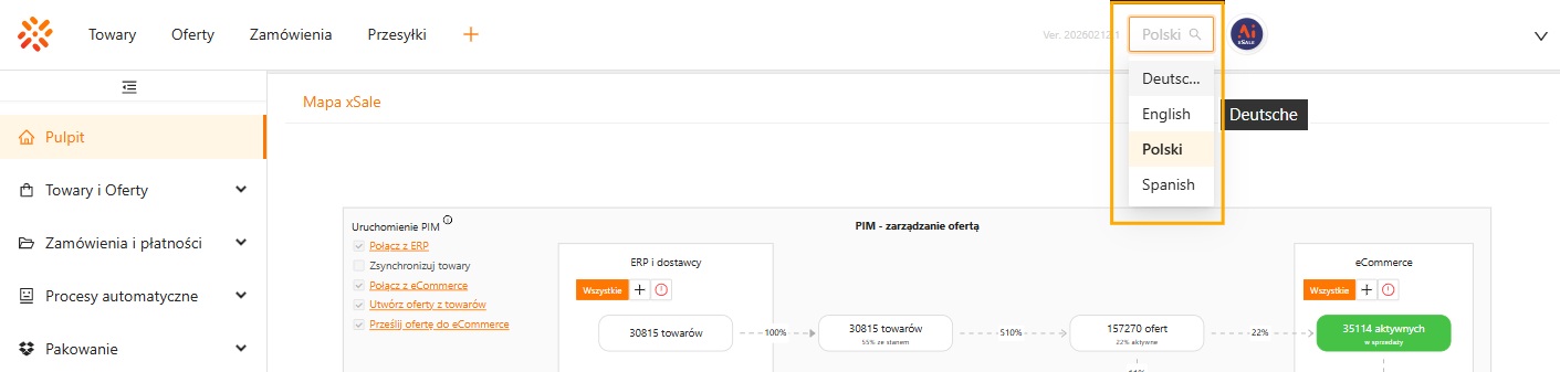 Lista wyboru języka w prawym górnym rogu panelu xSale
