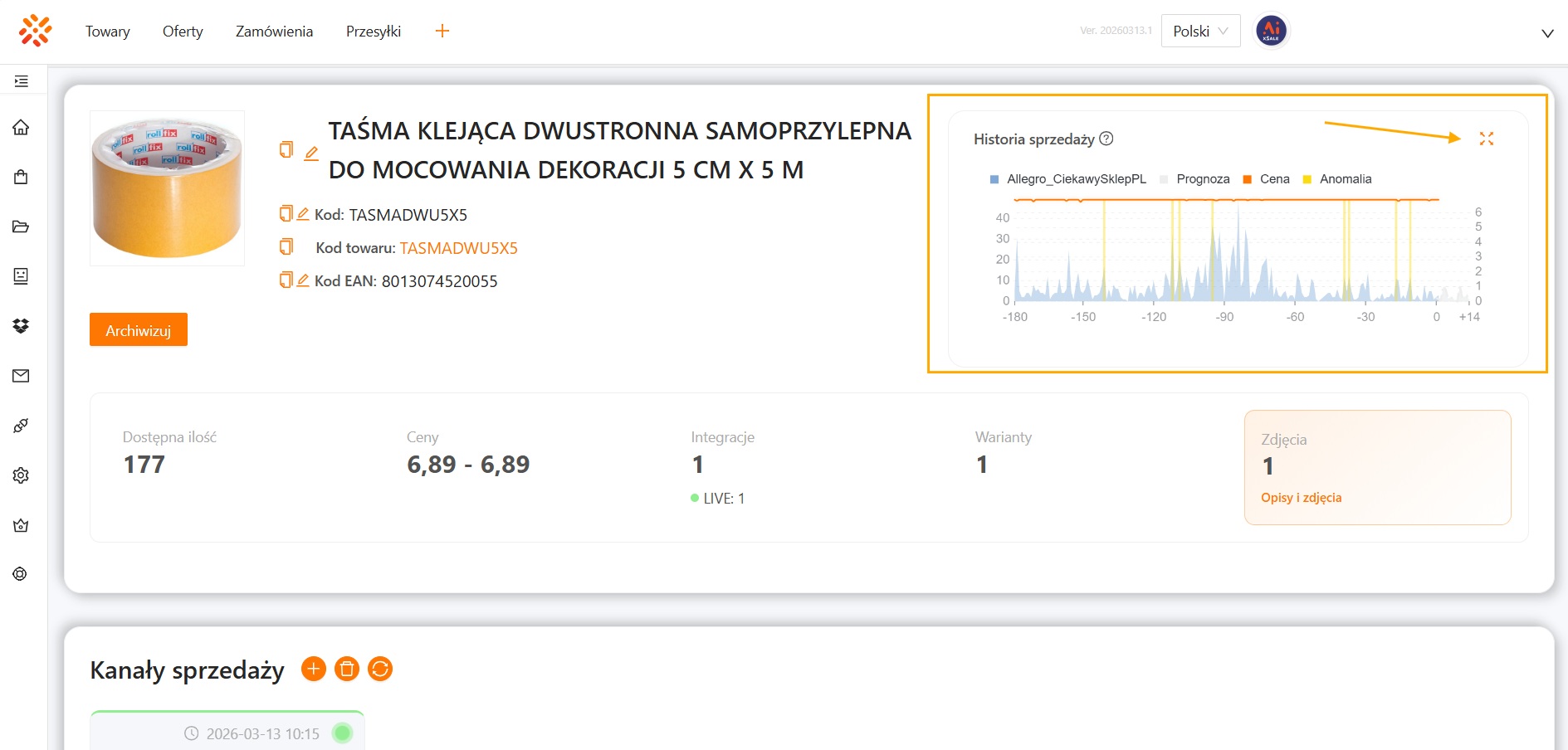 Miniaturowy wykres sprzedaży na karcie oferty
